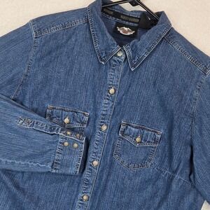 Harley Davidson Denim Shirt 1W Plus Blue Snap Collar Biker Y2K Moto Vintage